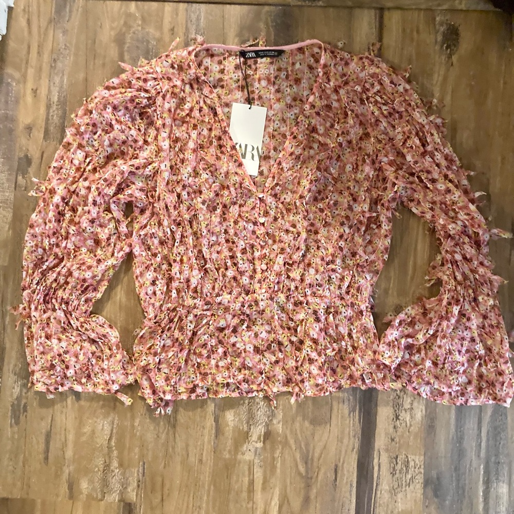 🆕 ZARA Pink Fringe Textured Confetti Button Down Chiffon Blouse Resort Luxury - Picture 13 of 16